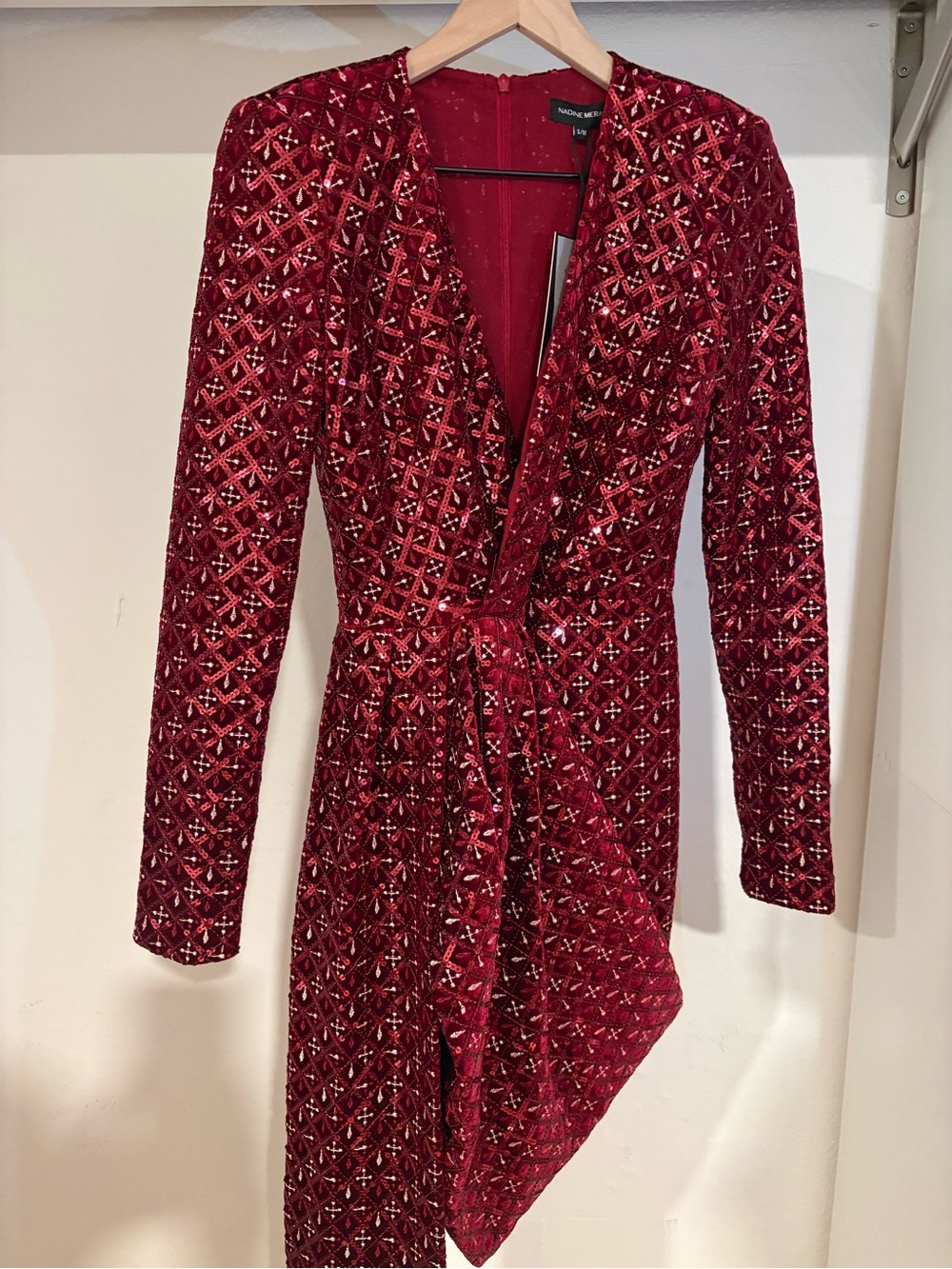 NADINE MERABI Red Embellished Mini Wrap Dress - Picture 3 of 5